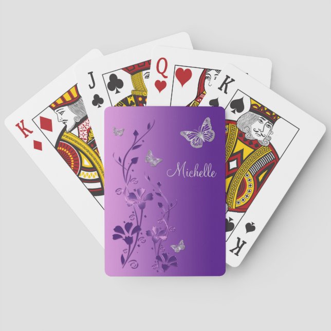 Cartes de jeu florales de papillon mauve et argent (dos)