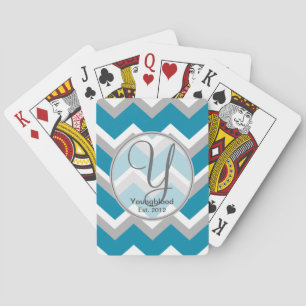 Cartes de jeu Monogramme turquoise et gris Chevron
