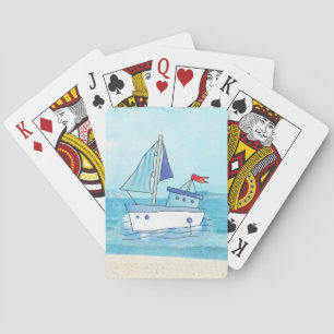 Cartes de jeu nautiques avec le bateau sur le lac