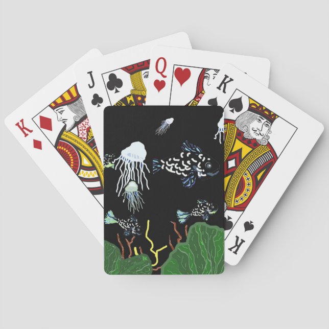 Cartes de jeu noires vertes de méduses de poissons (dos)