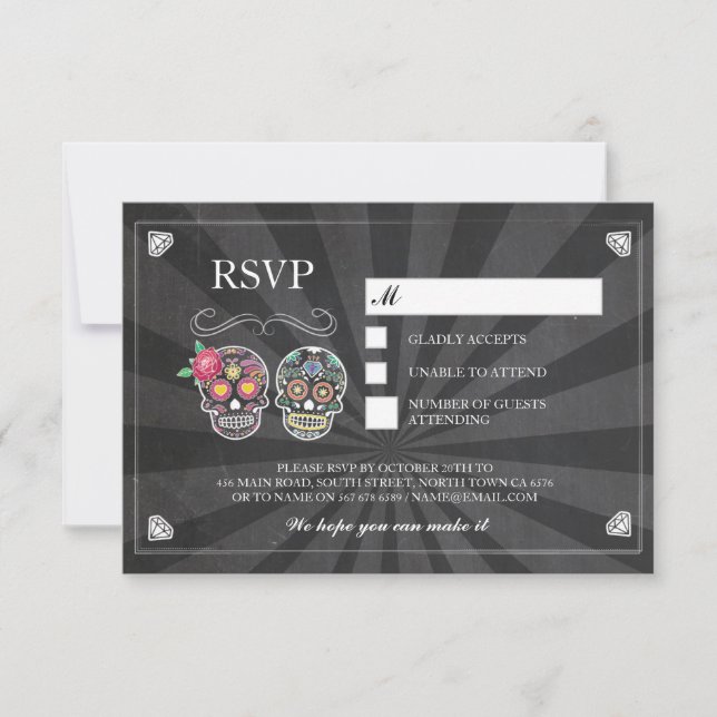 Cartes de mariage à la craie RSVP Crâne de Sucre R (Devant)