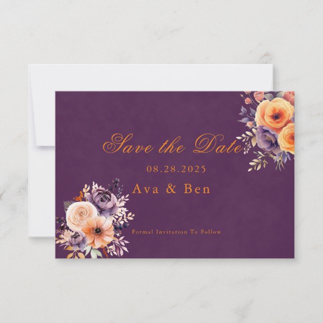 Cartes de mariage à thème floral orange violet pou (Devant)