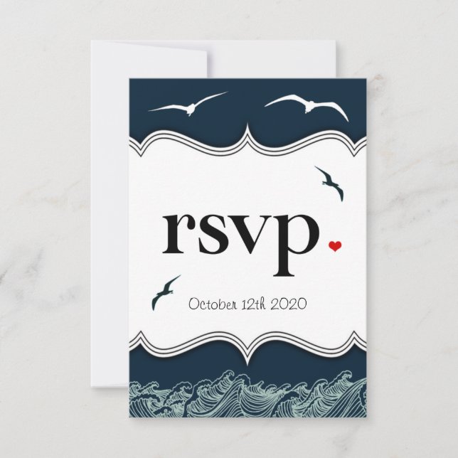 Cartes de mariage bleu et blanc marine RSVP (Devant)