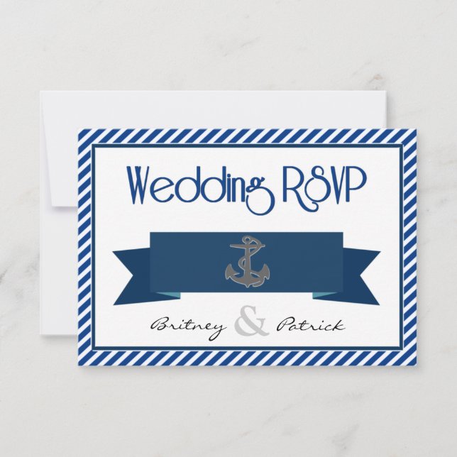 Cartes de mariage bleu et blanc marine RSVP (Devant)