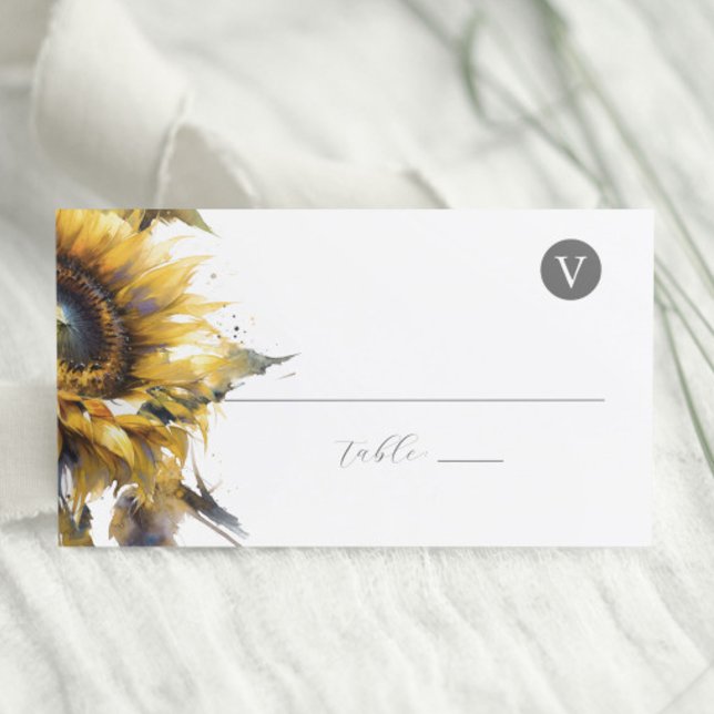 Cartes de mariage Cartes de Place Fleurs de soleil (Sunflower wedding theme place cards with meal choice by Victoria Grigaliunas of Do Tell A Belle)