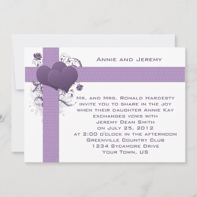 Cartes de mariage Cœurs violets sur rayures damass (Devant)