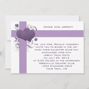 Cartes de mariage Cœurs violets sur rayures damass