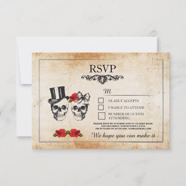 Cartes de mariage crânes RSVP Crânes Roses Rustiqu (Devant)