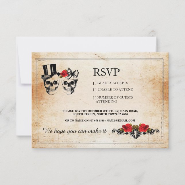 Cartes de mariage crânes RSVP Roses Rustiques (Devant)