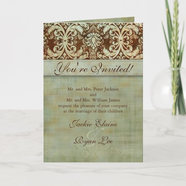 Cartes de mariage Damask Brown Vert Vintage (Devant)