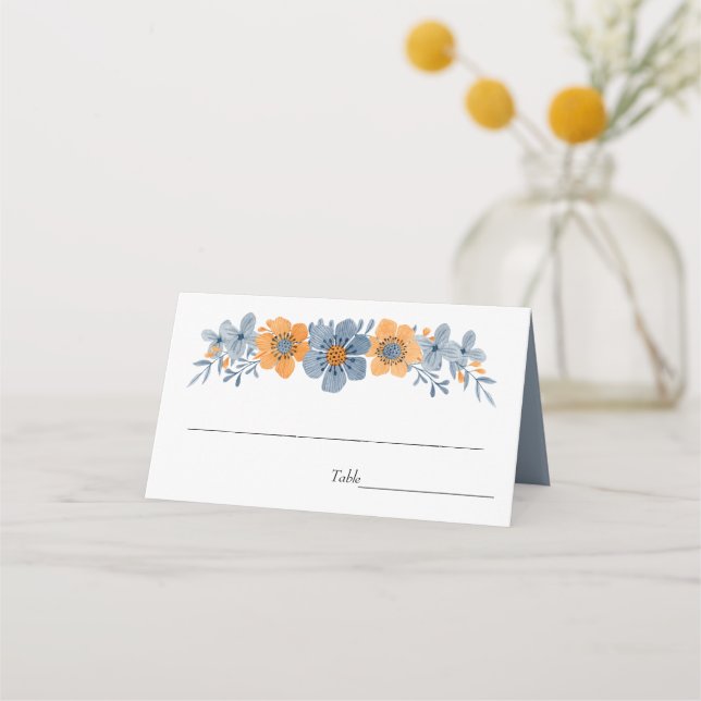 Cartes de Mariage de fleurs bleues et orange (Devant)