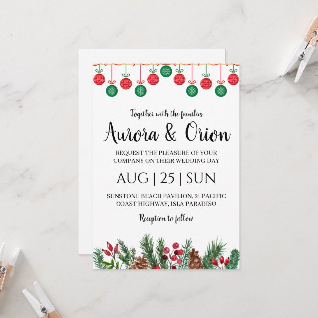 cartes de mariage de noël avec une typographie élé (Devant/Arrière en situation)