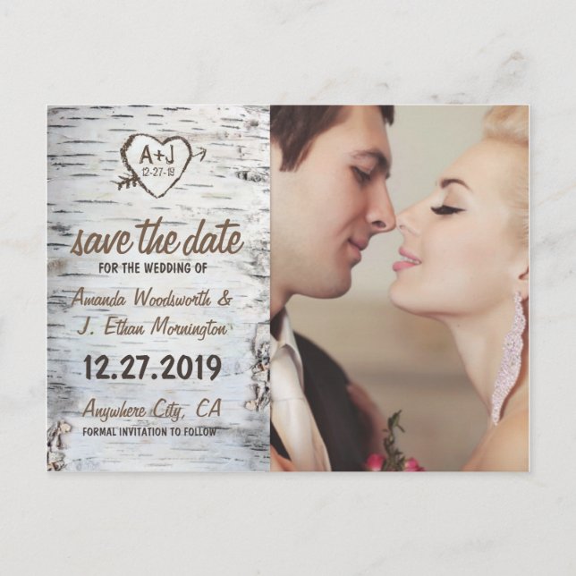 Cartes de mariage en bois de bouleau rustique Save (Devant)