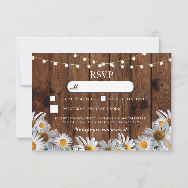 Cartes de mariage en bois RSVP Fleurs de marguerit (Devant)