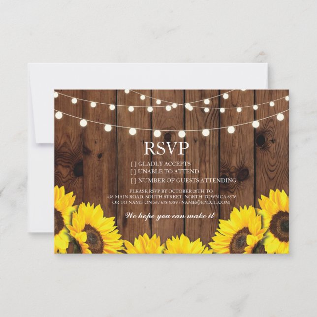 Cartes de mariage en bois RSVP Fleurs de tournesol (Devant)