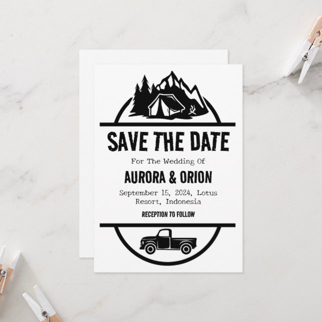Cartes de mariage en camping "save the date" (Devant/Arrière en situation)