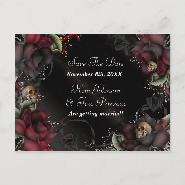 Cartes de mariage gothiques Roses noires + crânes (Devant)