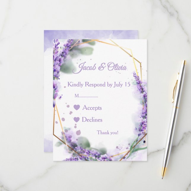Cartes de mariage lavande (Devant/Arrière en situation)