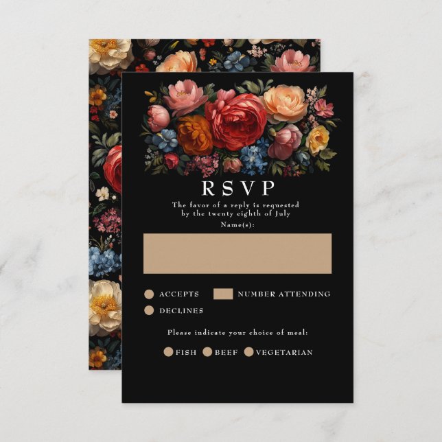 Cartes de mariage RSVP Botanical Floral Black Mood (Devant / Derrière)