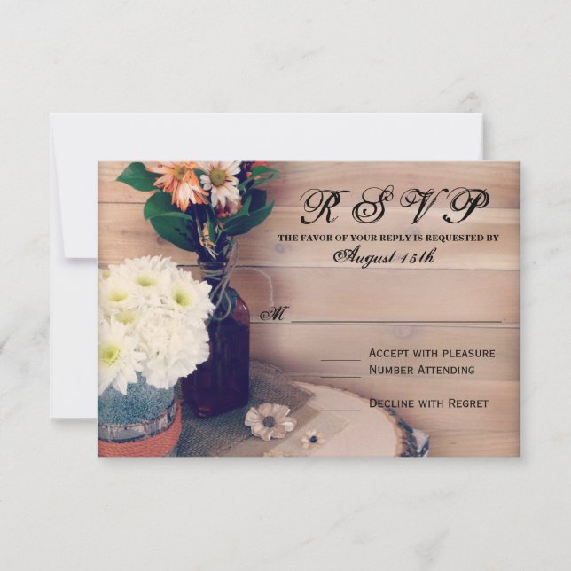 Cartes de mariage RSVP en bois rustique et fleurs (Devant)
