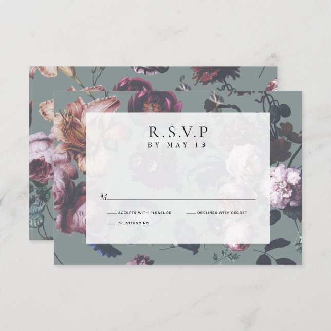 Cartes de Mariage RSVP Fleur Moody Romantique fonc (Devant / Derrière)