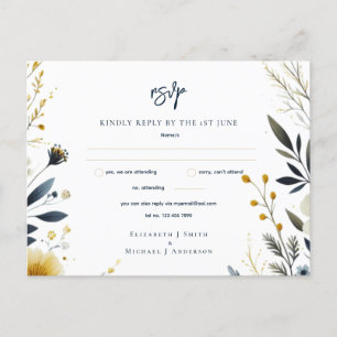 CARTES DE MARIAGE RSVP   Floral or bleu bleu marin