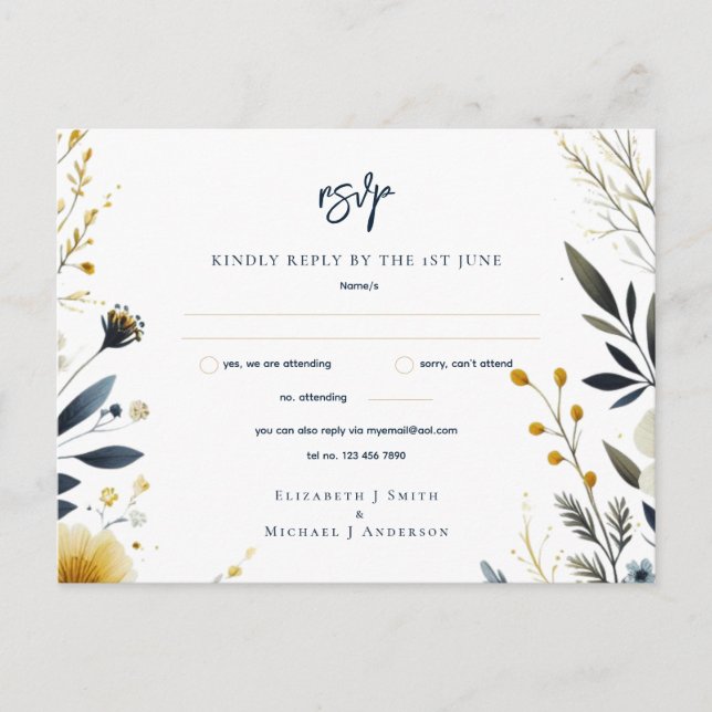 CARTES DE MARIAGE RSVP | Floral or bleu bleu marin (Devant)