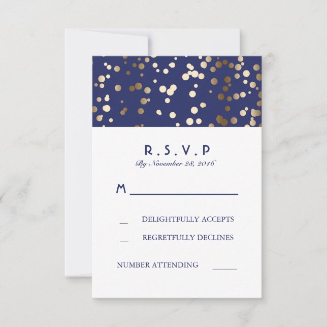 Cartes de mariage RSVP Marine et Gold Confetti (Devant)