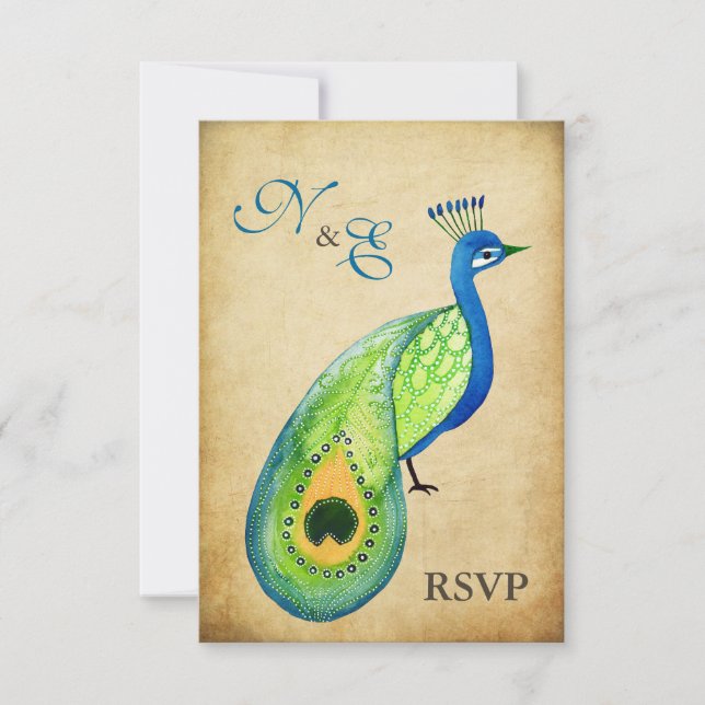 Cartes de mariage Vintage de paon RSVP Monogramme (Devant)