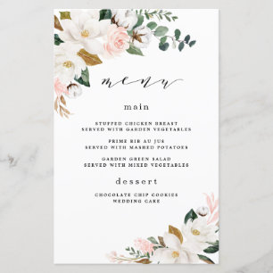 Cartes de menu à Mariage floral blanc rose pâle