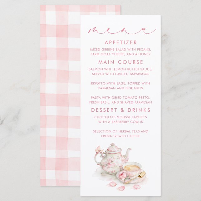 Cartes de menu à motif gingham rose sur le thème d (Devant / Derrière)
