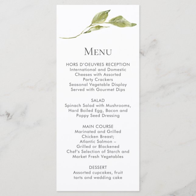 Cartes de menu à tige de feuille verte unique (Devant)