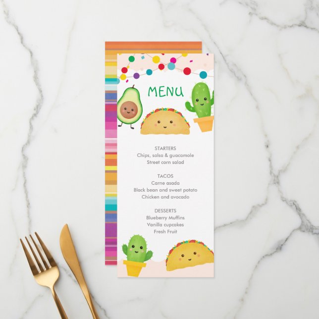 Cartes de menu Baby shower Taco Party (Devant/Arrière en situation)