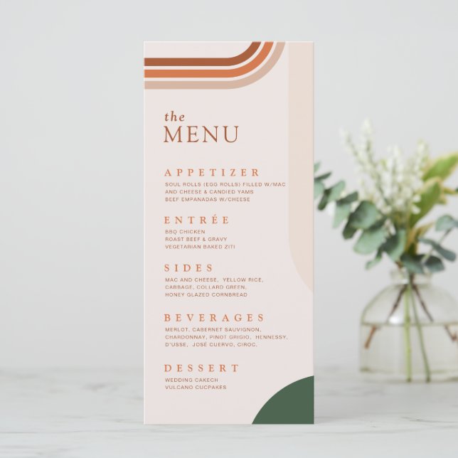 Cartes de menu beige en arc abstrait, Terracotta,  (Debout devant)