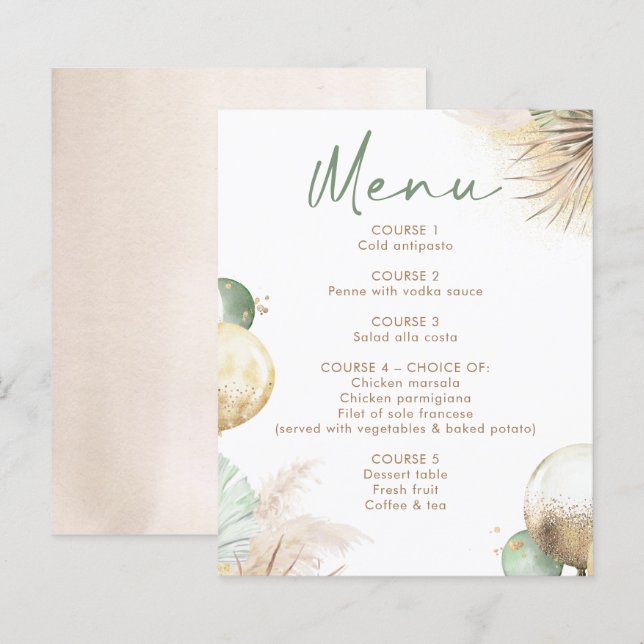 Cartes de menu Boho vert sauge et beige (Devant / Derrière)