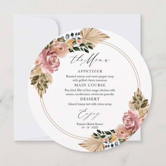Cartes de menu circulaires de mariage floral bohèm (Devant)