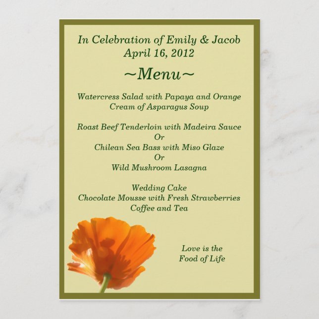 Cartes de menu Coquelicot Orange (Devant)