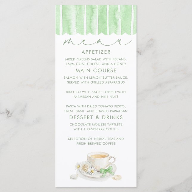 Cartes de menu de baby shower vert sur le thème du (Devant)