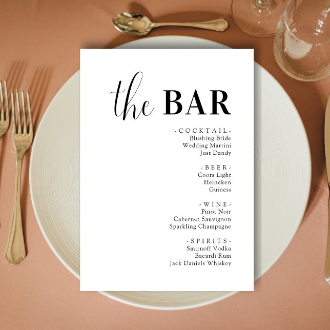 Cartes de Menu de Bar de Boissons de Mariage Éléga (Minimalist elegant wedding drinks bar menu cards add refined style and smooth bar flow.)