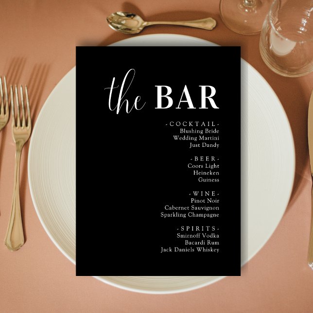 Cartes de Menu de Bar de Boissons de Mariage Noir  (Minimalist black wedding drinks bar menu cards add sleek style and smooth drink service.)