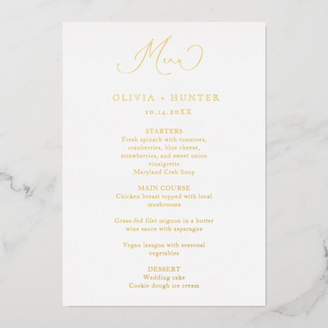 Cartes de menu de dîner de mariage élégantes en or (Recto)