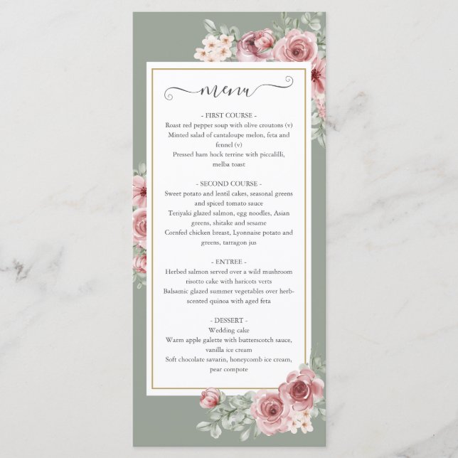 Cartes de Menu de Dîner de Mariage Fleurs de Roses (Devant)