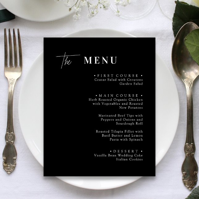 Cartes de menu de dîner de mariage noir et blanc (Black and white wedding dinner menu cards add timeless elegance and guide guests through your meal.)