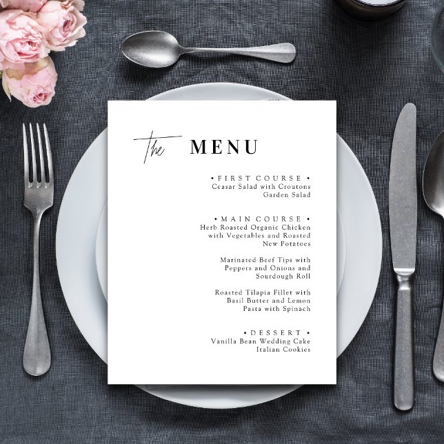 Cartes de menu de dîner de mariage noir et blanc (Black and white wedding dinner menu cards add timeless elegance and guide guests through your meal.)