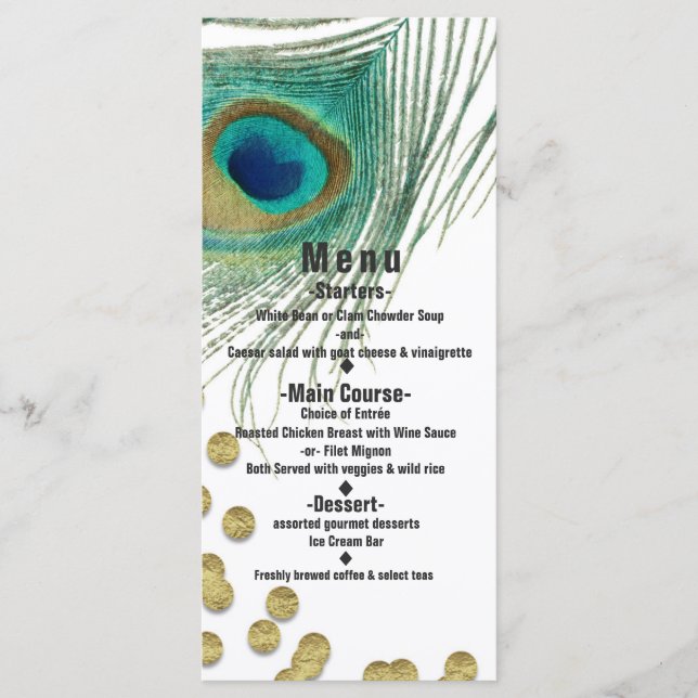 Cartes de menu de fête Boho Glam plumes de paon et (Devant)