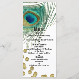 Cartes de menu de fête Boho Glam plumes de paon et