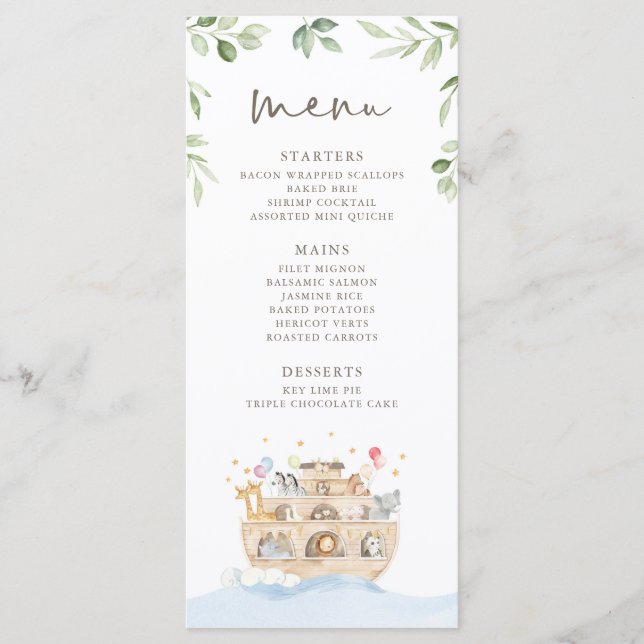 Cartes de menu de l'arche de Noé (Devant)