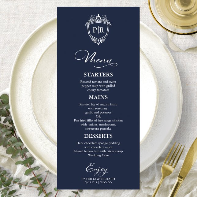Cartes de menu de mariage à monogramme élégant ble (Créateur téléchargé)