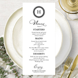 Cartes de menu de mariage à monogramme noir et bla