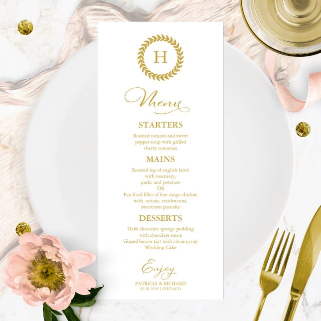 Cartes de menu de mariage à monogramme or (Créateur téléchargé)